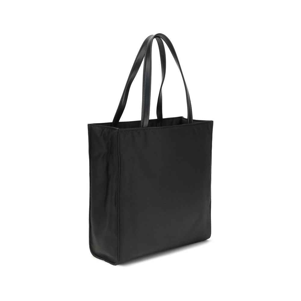 Prada Re-Nylon Nappa Leather Tote, black nylon body with leather handles, side view