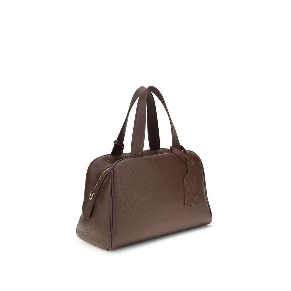 Prada Medium Leather Top-Handle Bag, brown pebbled leather satchel with gold-tone hardware, three-quarter view