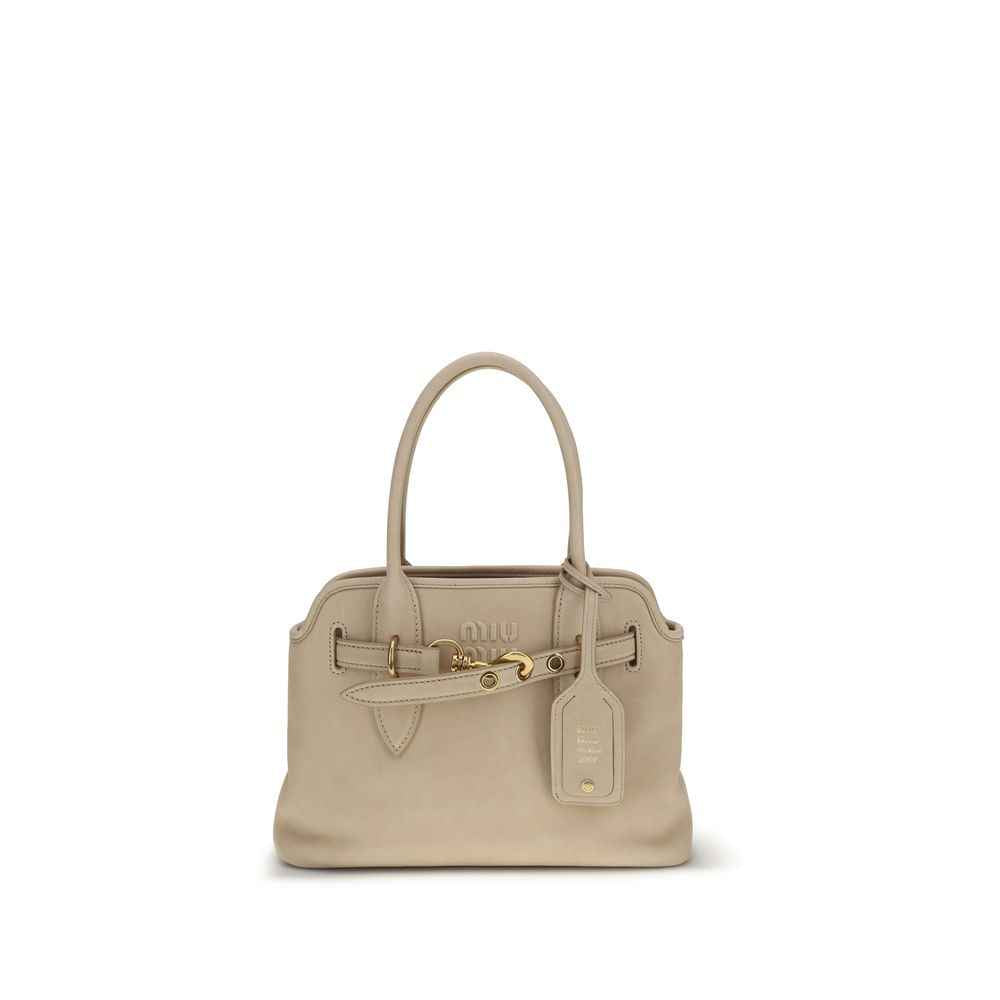 Miu Miu Aventure beige nappa leather bag, top-handle handbag with gold hardware, front view
