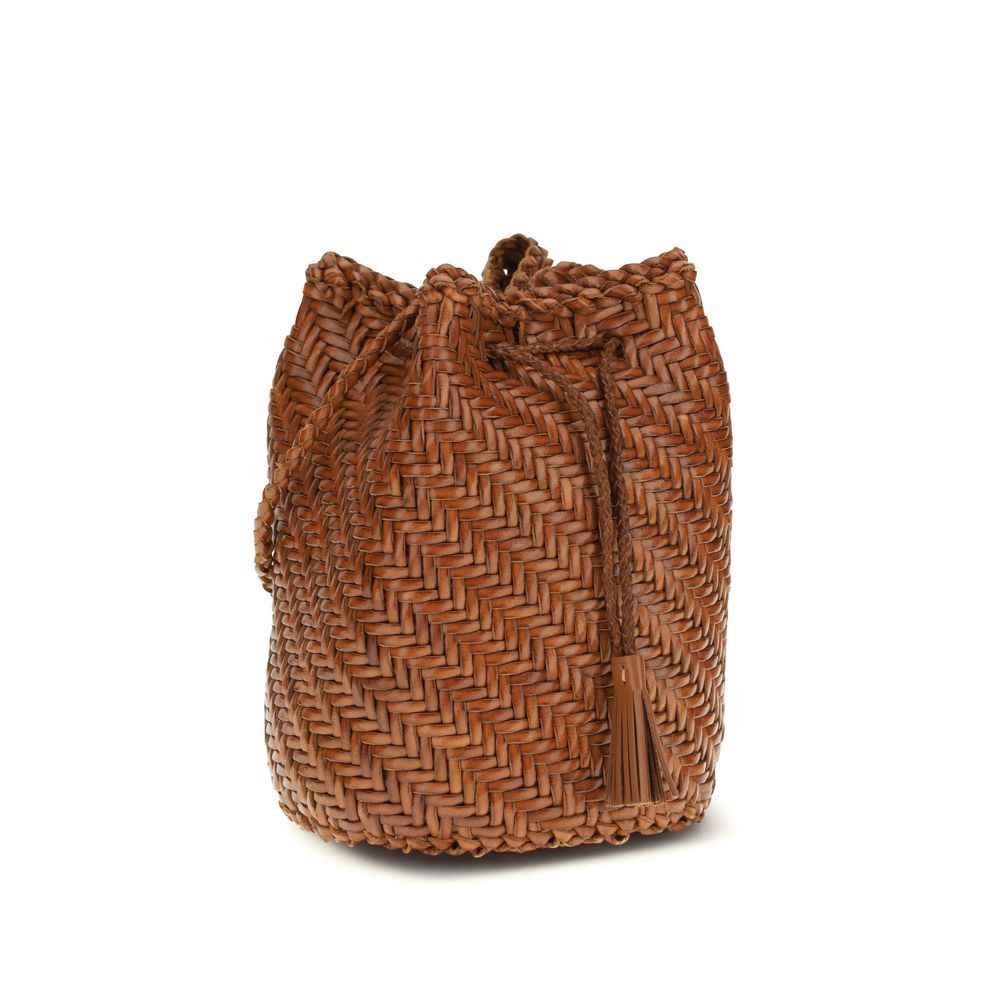 Dragon Diffusion Pompom Double Jumps bucket bag, brown woven straw, front view