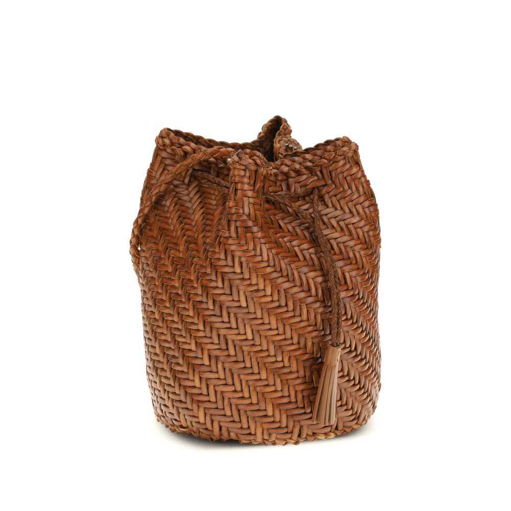 Dragon Diffusion Pompom Double Jumps bucket bag, brown wicker with tassel, front view