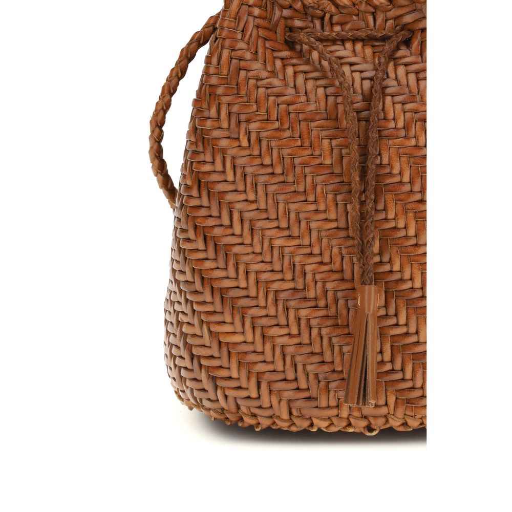 Dragon Diffusion brown pompom Double Jumps bucket bag, woven leather, side view