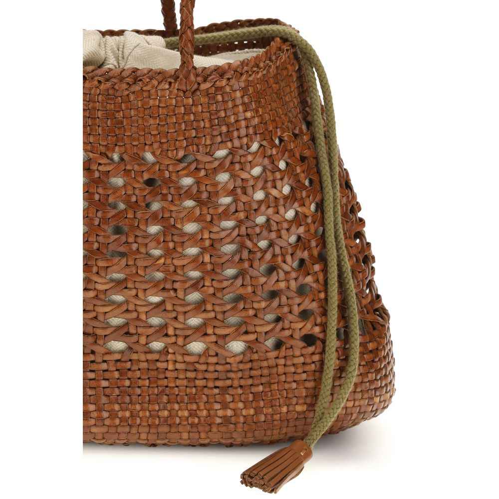 Dragon Diffusion Santo Cano Handbag, open-work brown leather bucket bag, side view.