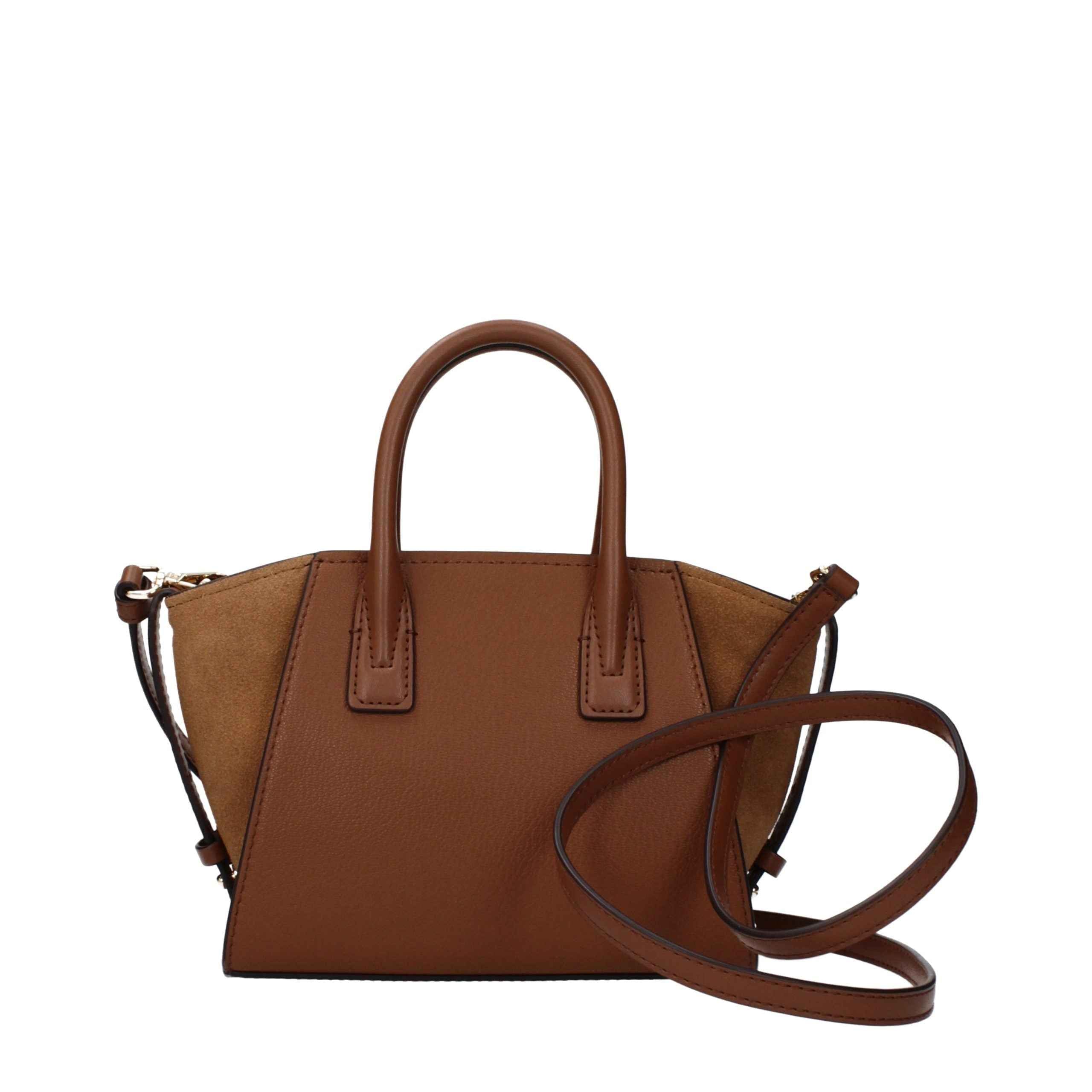 Michael Kors Avril Extra-Small Satchel; brown leather with suede panels, crossbody strap, front view