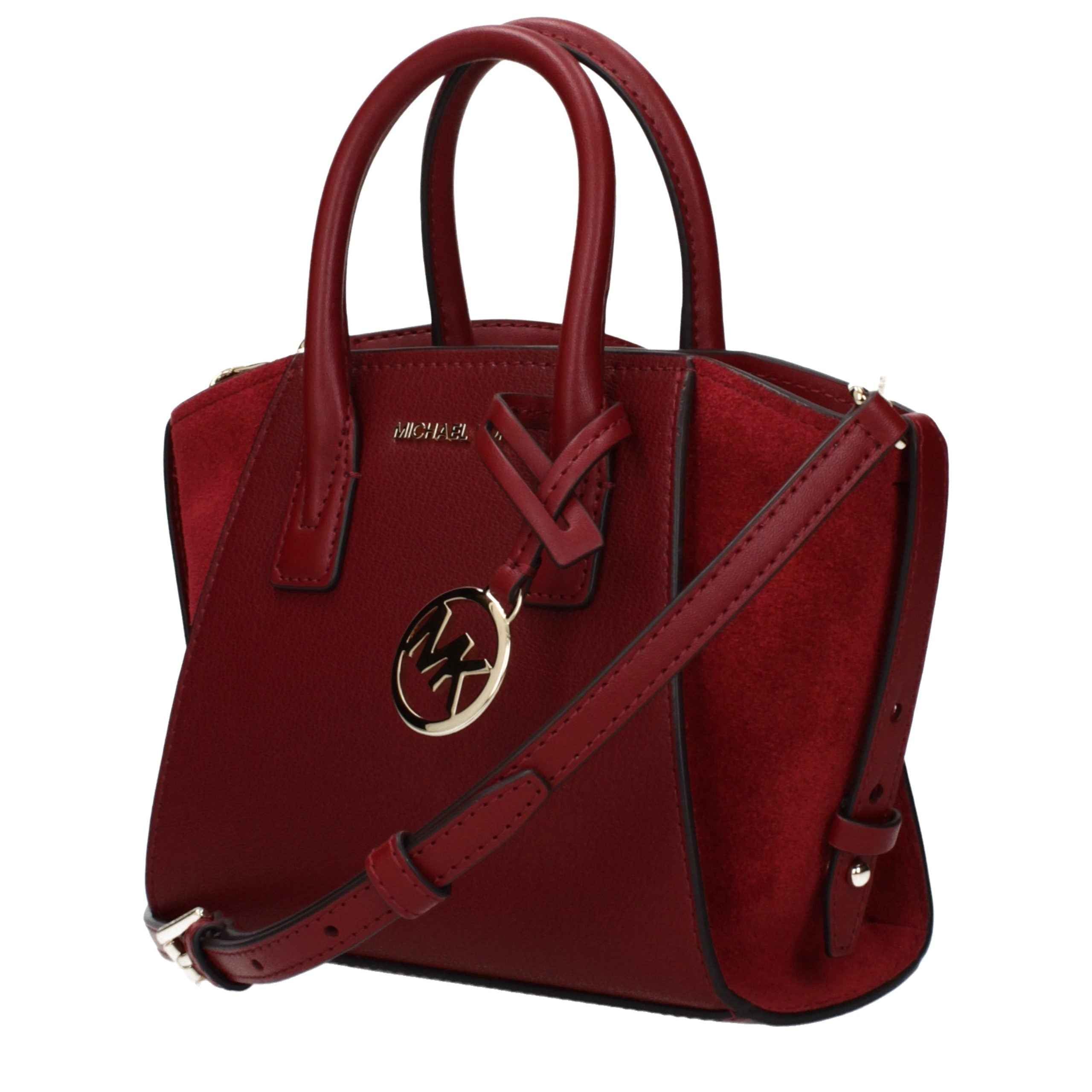 Michael Kors Avril extra-small satchel bag in red leather with top handles and crossbody strap, front view