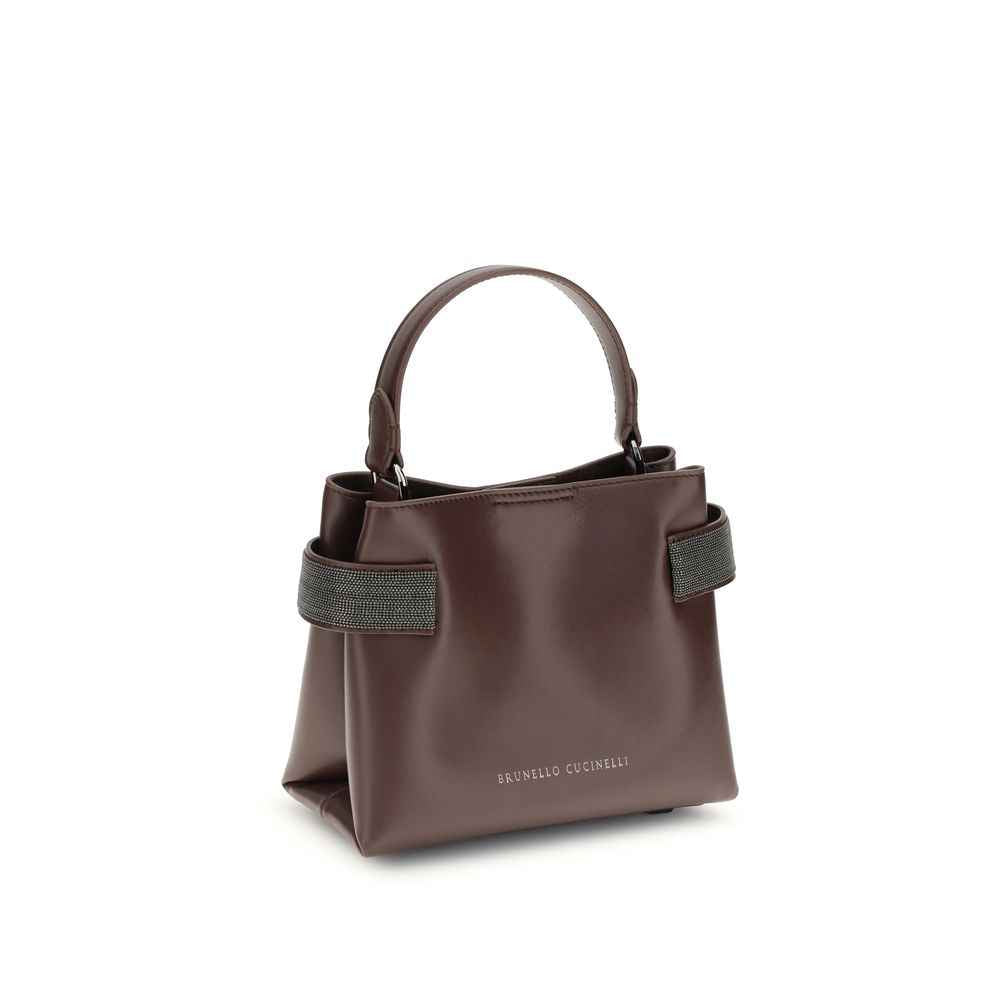 Brunello Cucinelli Bordeaux leather shoulder bag, top handles, metal-embellished side bands, front view