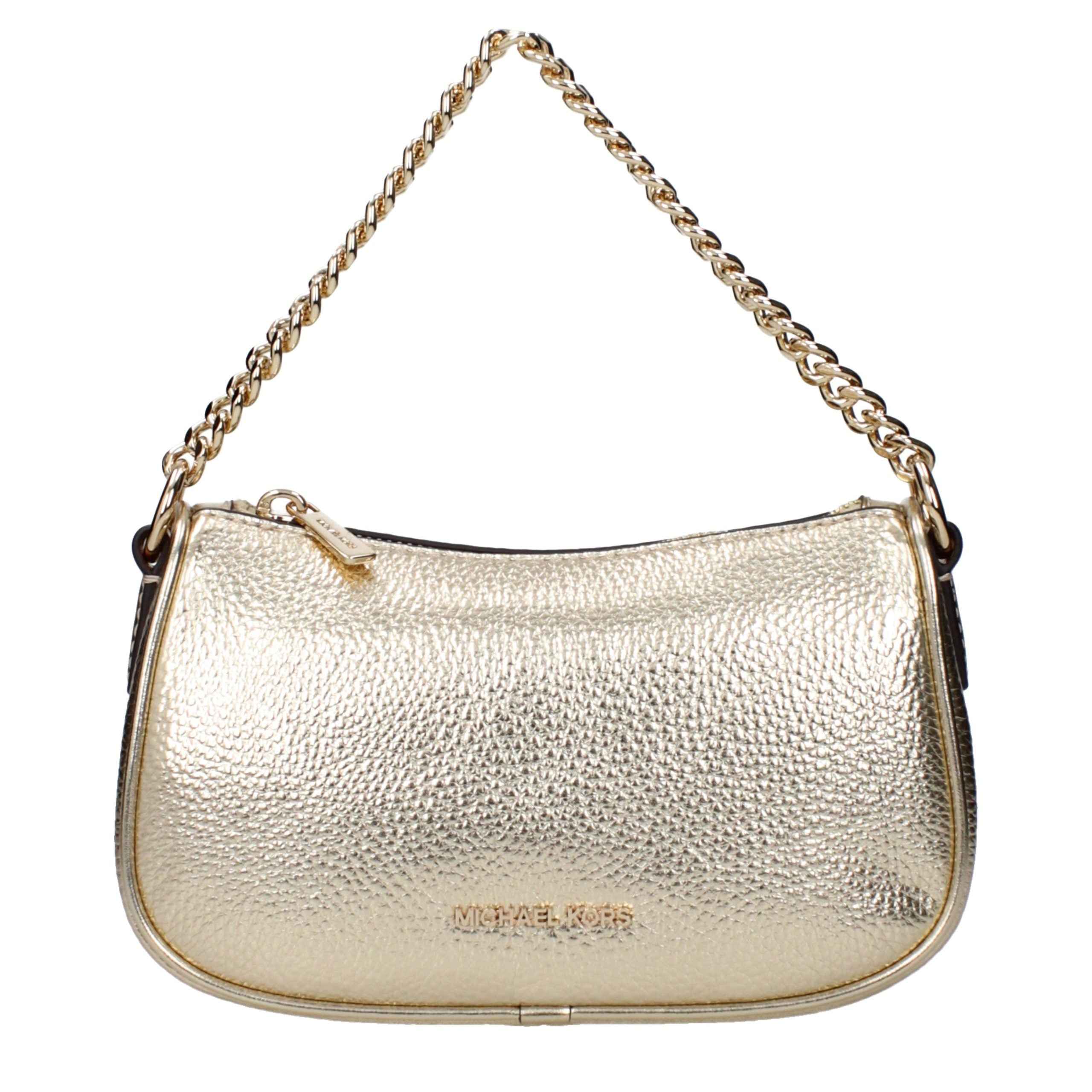 Michael Kors Carmela Small Convertible Crossbody, gold pebbled leather, chain strap, front view