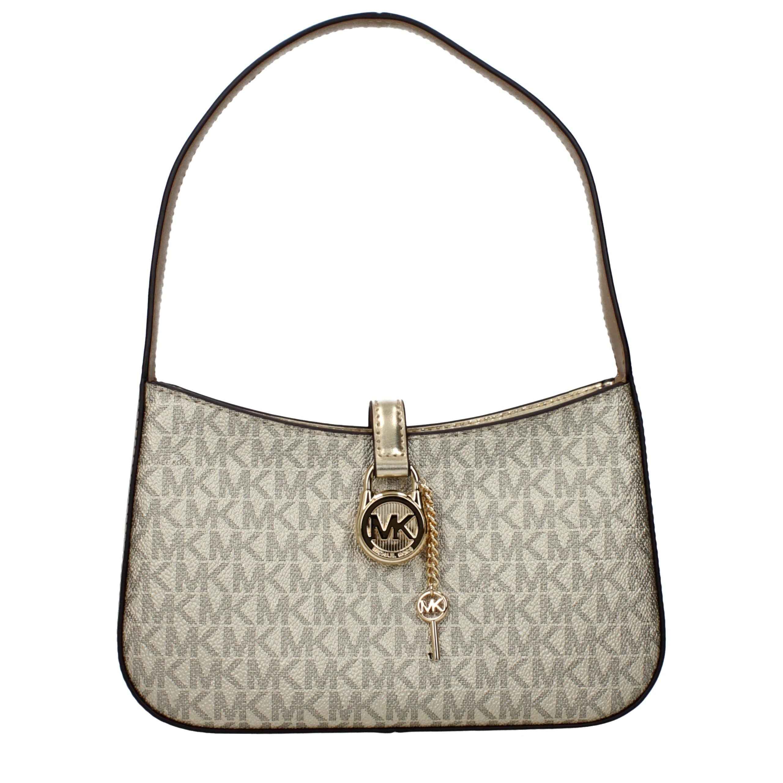 Michael Kors Cynthia gold satchel bag, monogram canvas with beige strap, front view