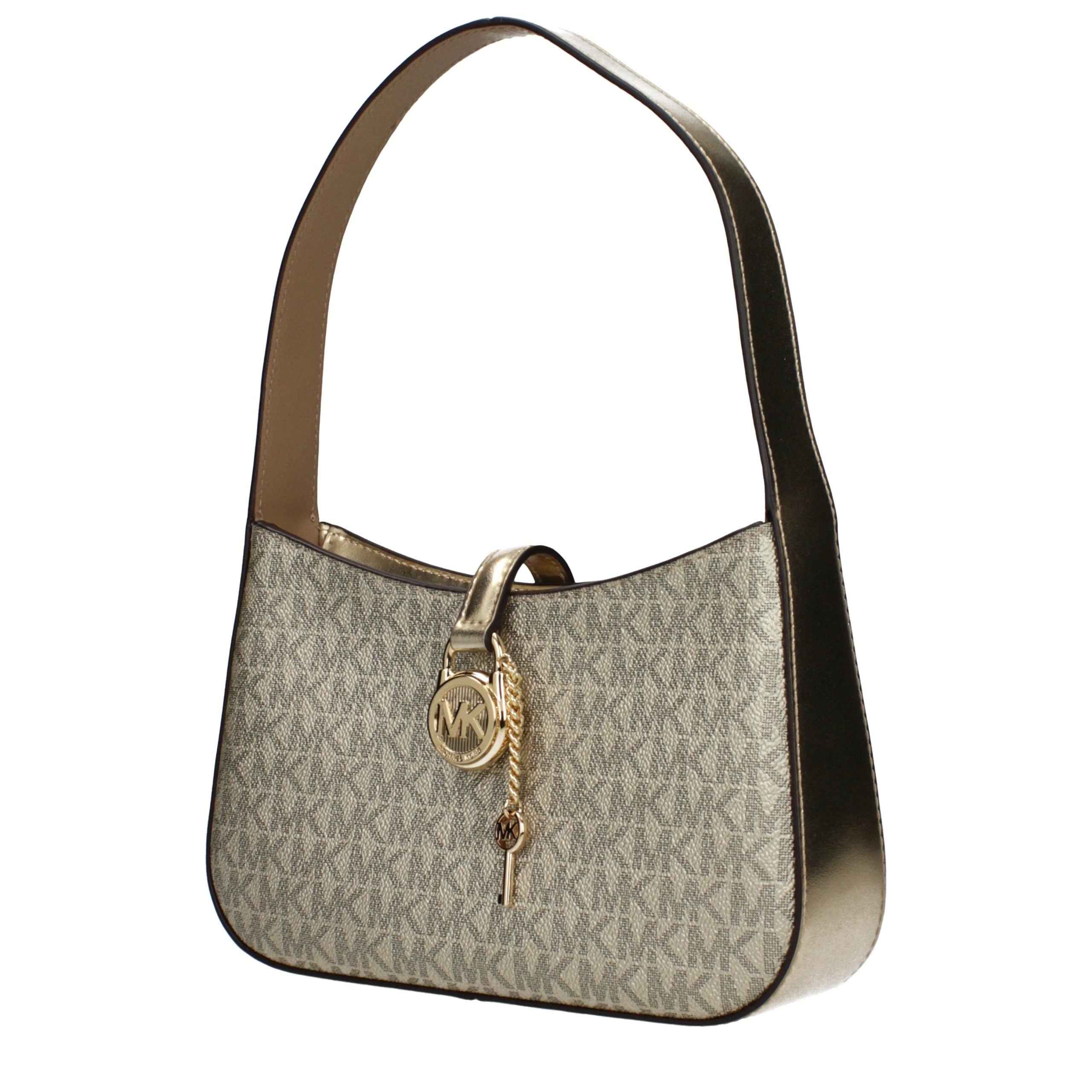 Michael Kors Cynthia Small Satchel, beige fabric with leather trim and gold-tone hardware, front view