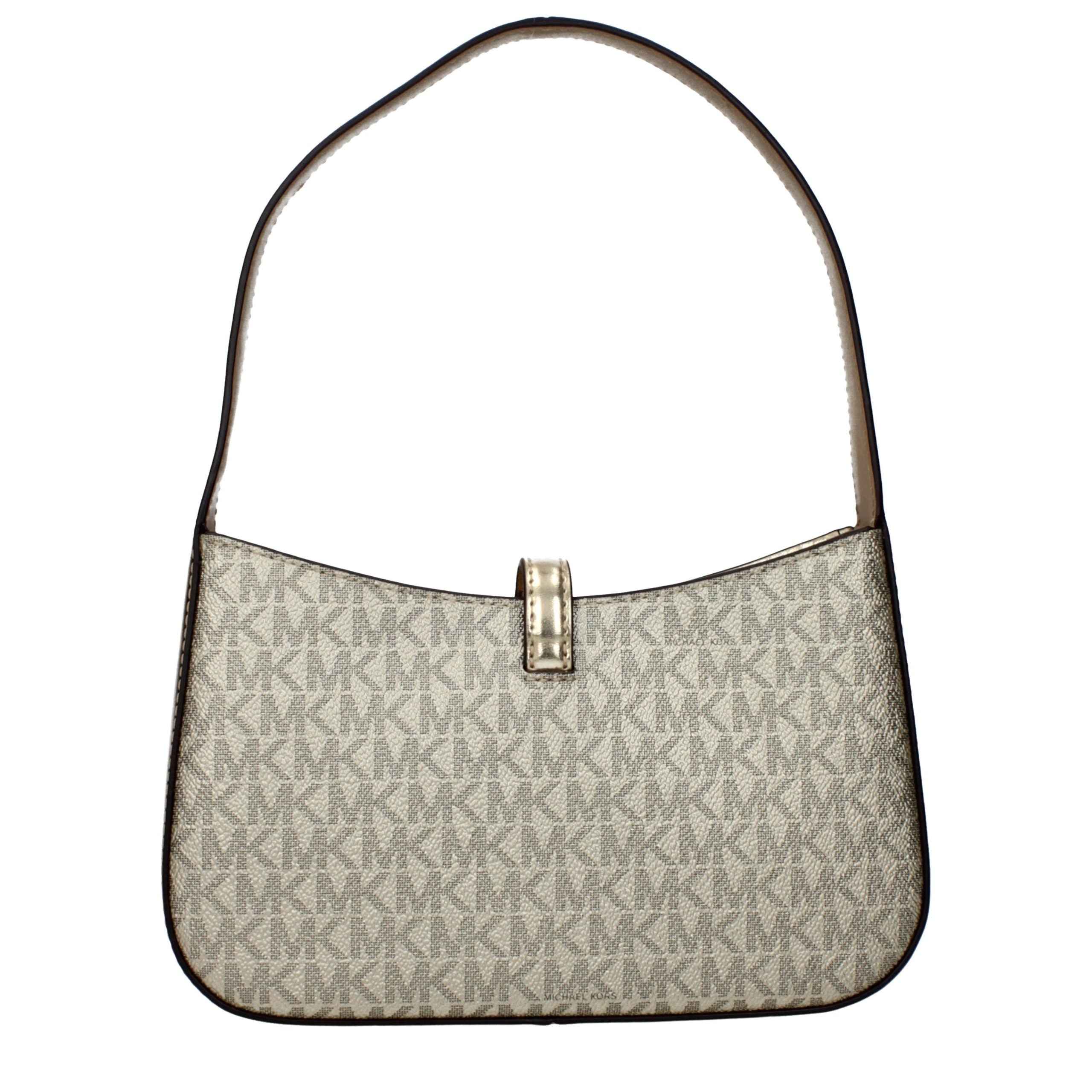 Michael Kors Cynthia Small Satchel, gold-toned beige coated canvas with MK logo, front view