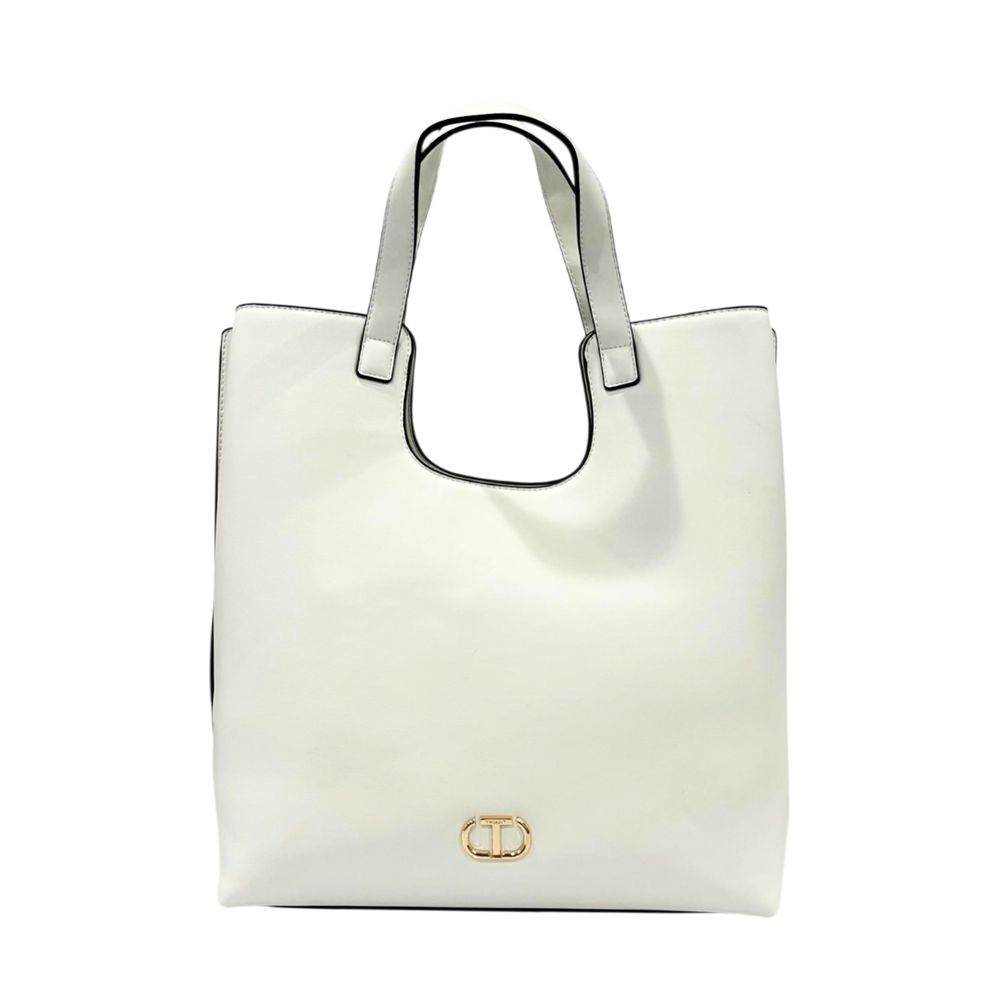 Twinset white PU handbag, tote with double handles, front view