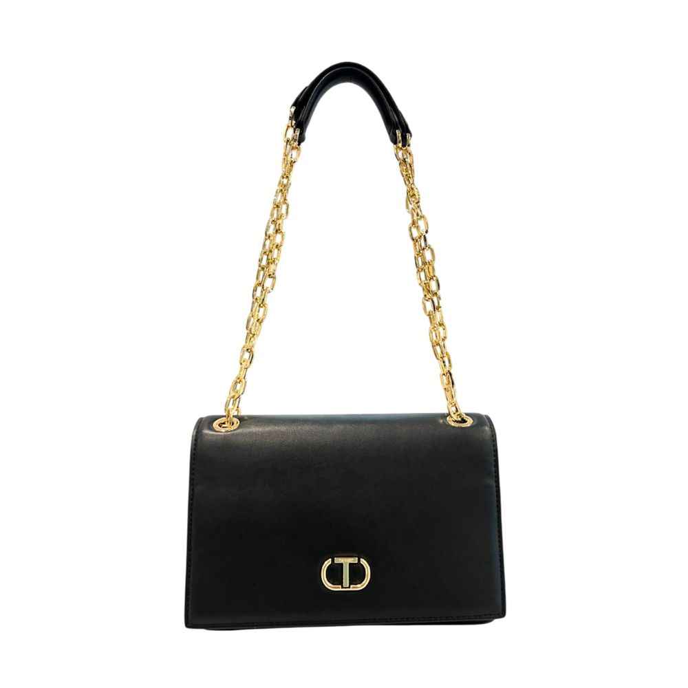 Twinset Crossbody Bag black PU leather with gold chain, front view