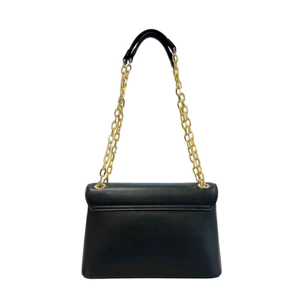Twinset black PU crossbody bag with gold-tone chain strap, front view.