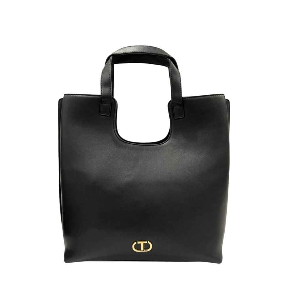 Twinset Black Shoulder Bag, black leather-like material with gold logo, front view