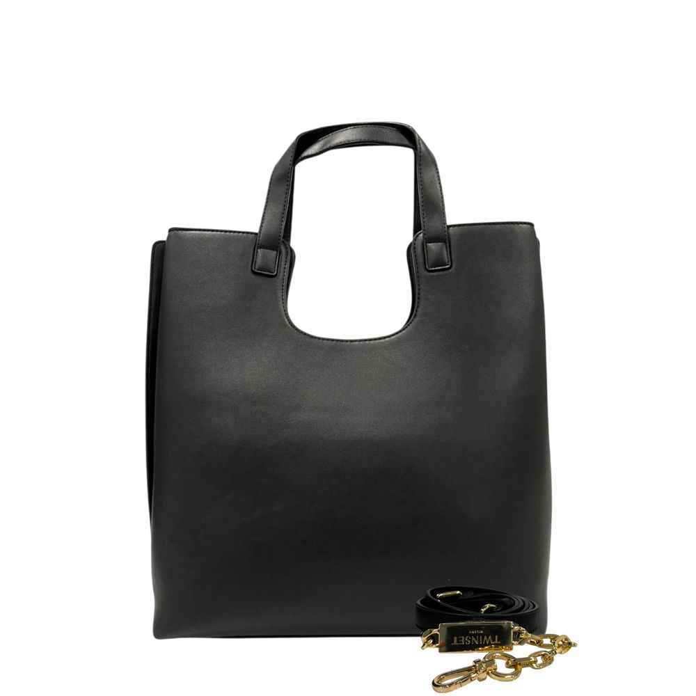 Twinset Black PU Leather Shoulder Bag with detachable gold-tone strap front view