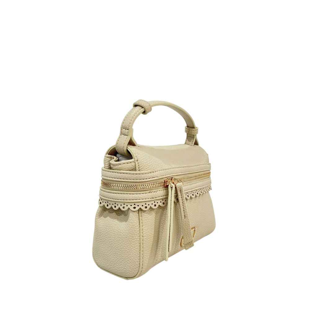 Twinset beige pebbled mini shoulder bag with top handle, angled front view