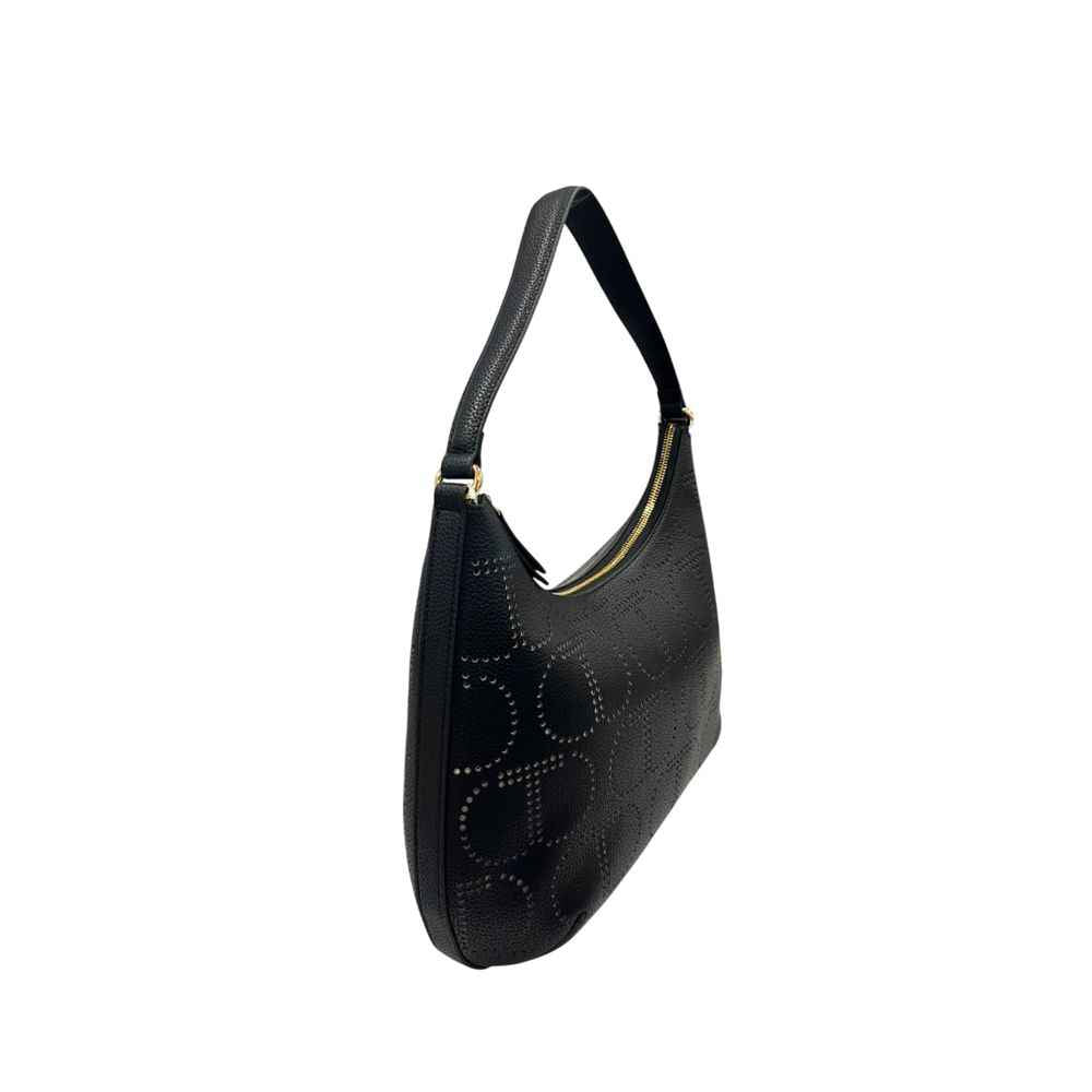 Twinset black polyethylene shoulder bag with adjustable strap, perforated pattern, side view