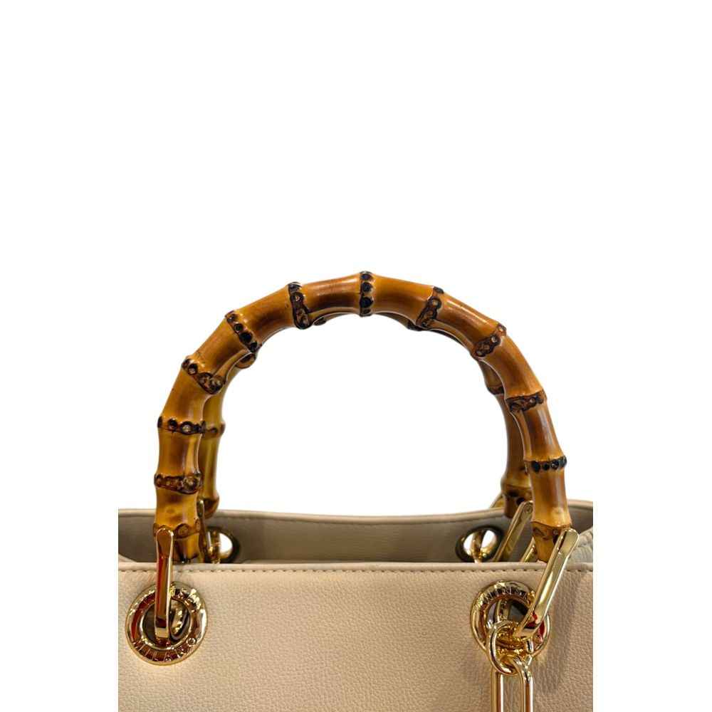 Twinset Fringe Handbag beige pebble-grain leather shoulder bag with bamboo handle, front view