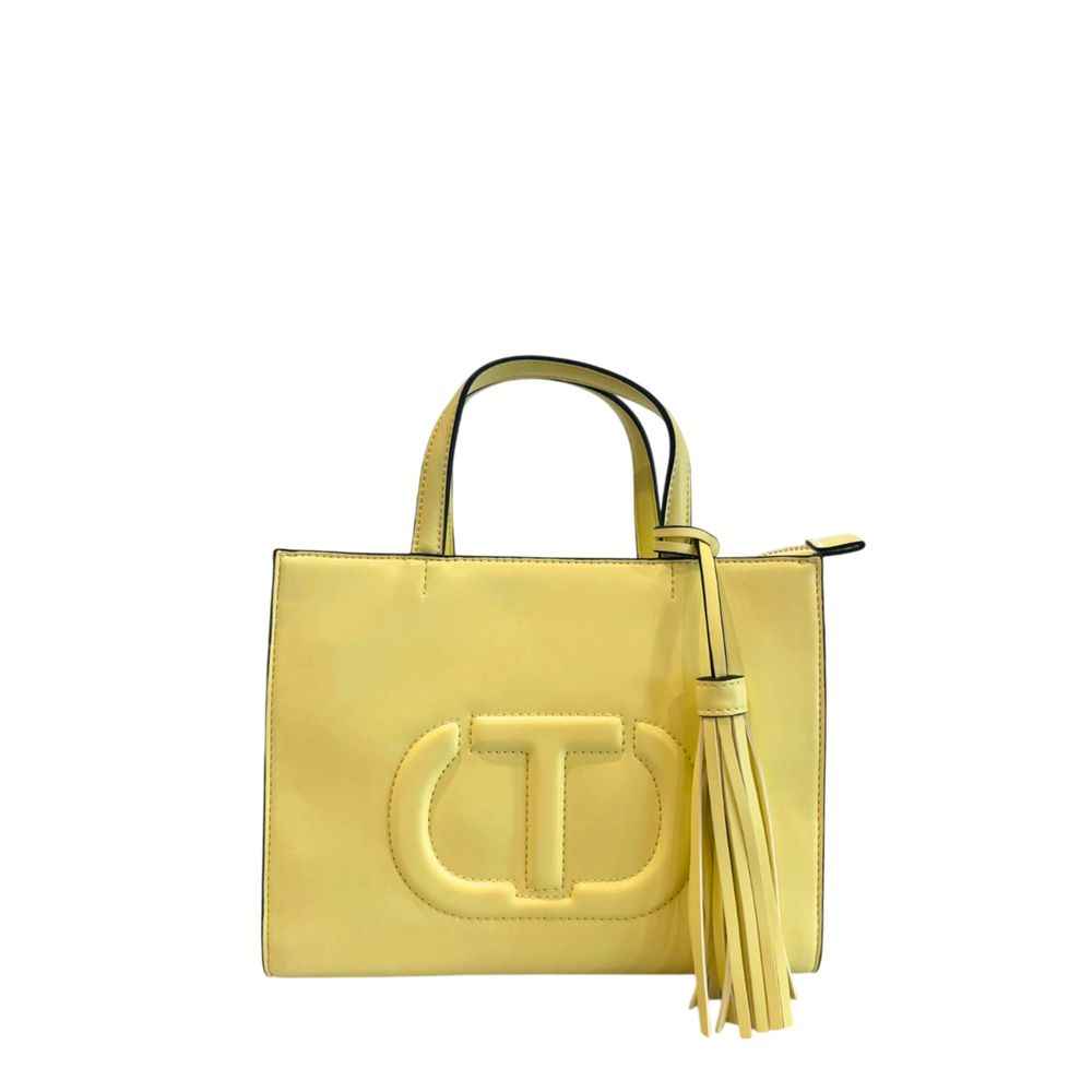 Twinset Bicolor polyethylene shoulder bag, yellow with embossed front logo and tassel, front view