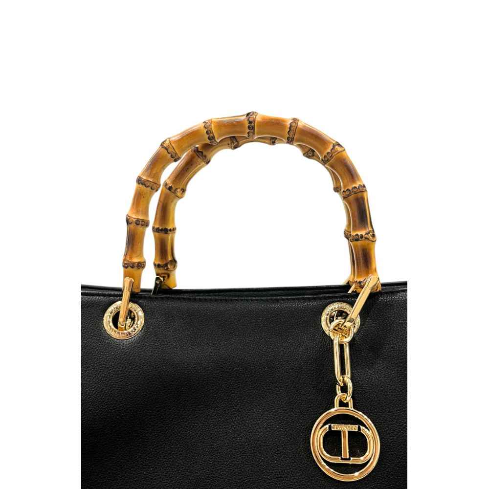Twinset Large Black Leather Shoulder Bag with bamboo handle and logo charm, front view