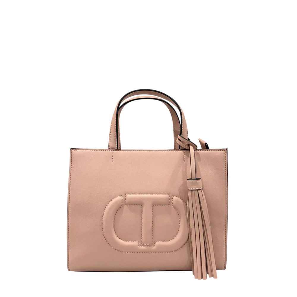 Twinset pink PU top-handle handbag with embossed logo, front view