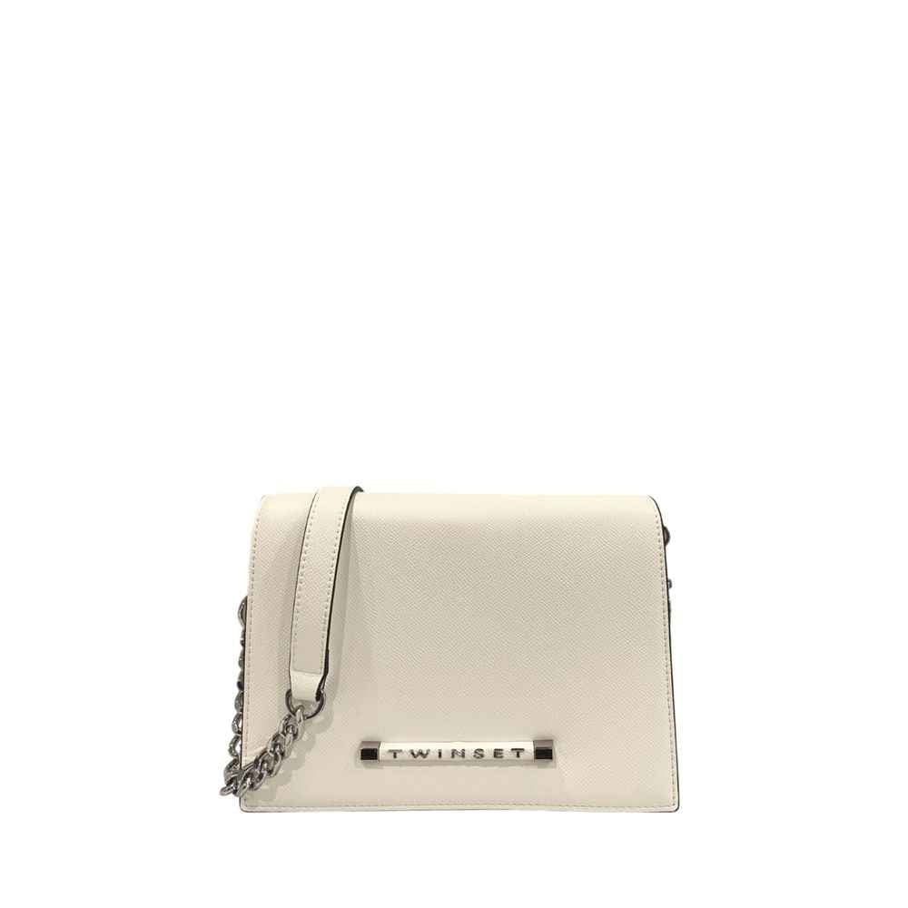 Twinset White polyethylene crossbody bag with metal logo plate, chain strap, front view