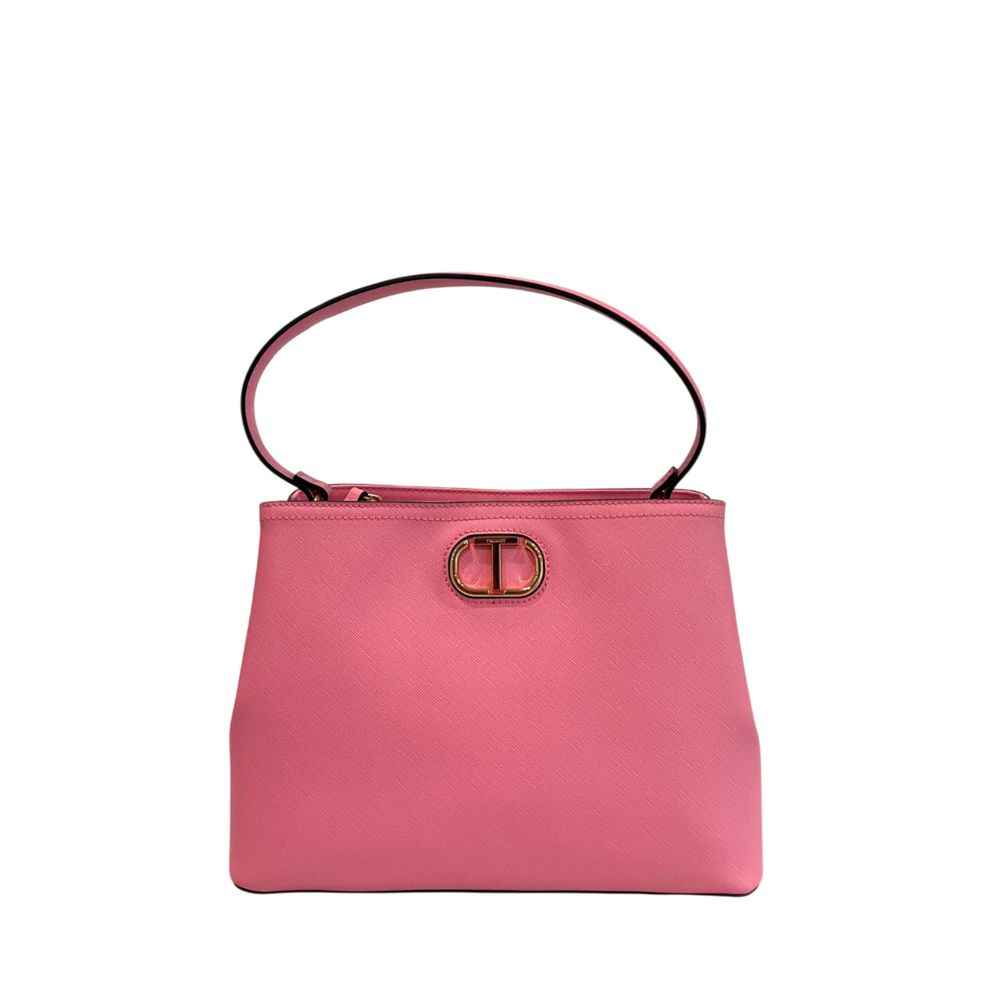 Twinset pink PU handbag, top-handle bag with gold-tone buckle, front view