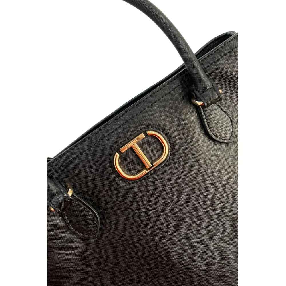 Twinset black textured polyurethane shoulder bag with gold-tone logo hardware, front view