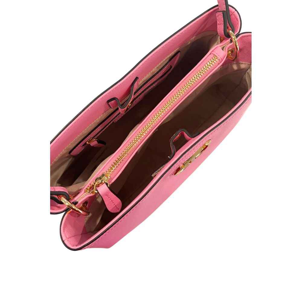 Twinset pink PU handbag with gold hardware, top zip center pocket, interior view