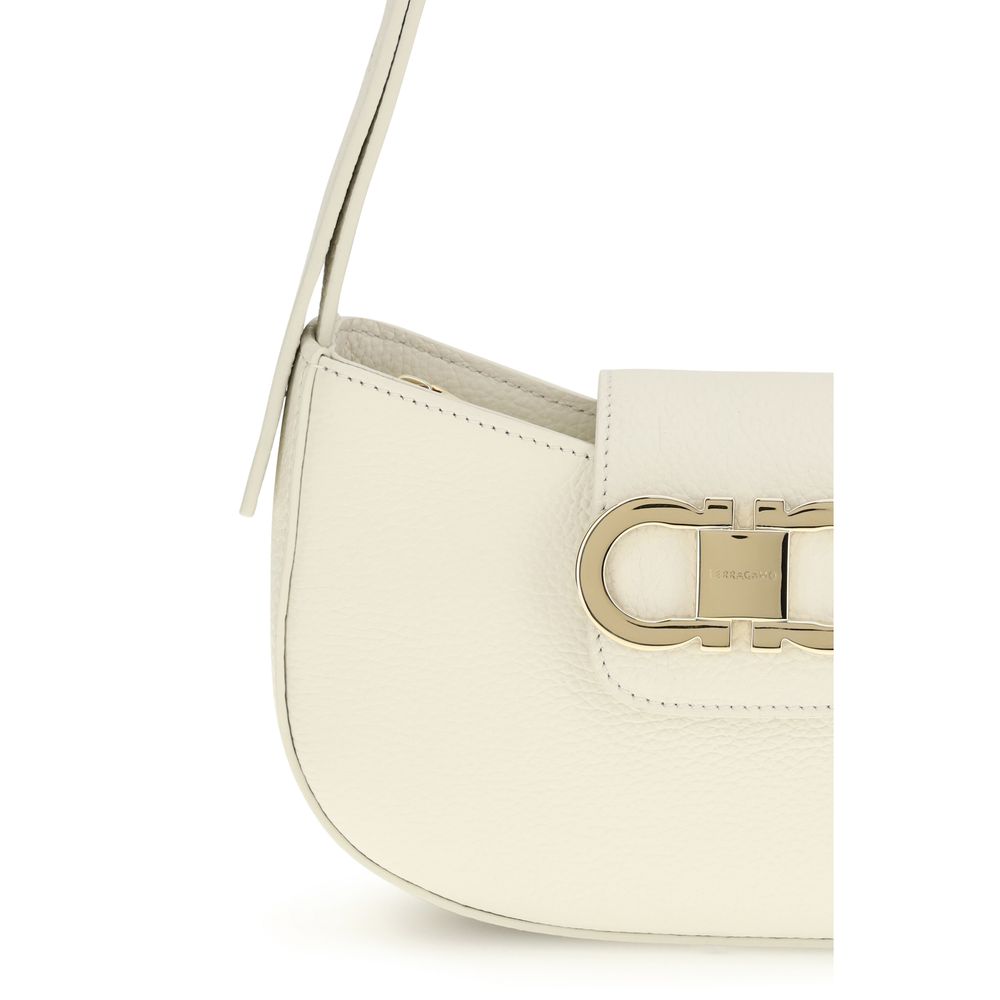 Ferragamo White Gancini Flap Shoulder Bag, leather, gold-tone buckle, front view.