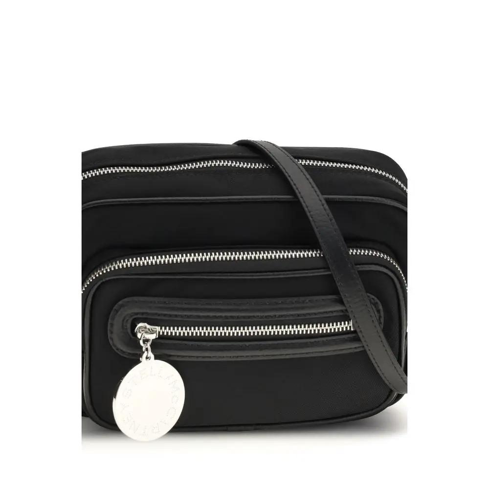 Stella McCartney black polyamide shoulder bag, silver zippers, front pocket charm, front view