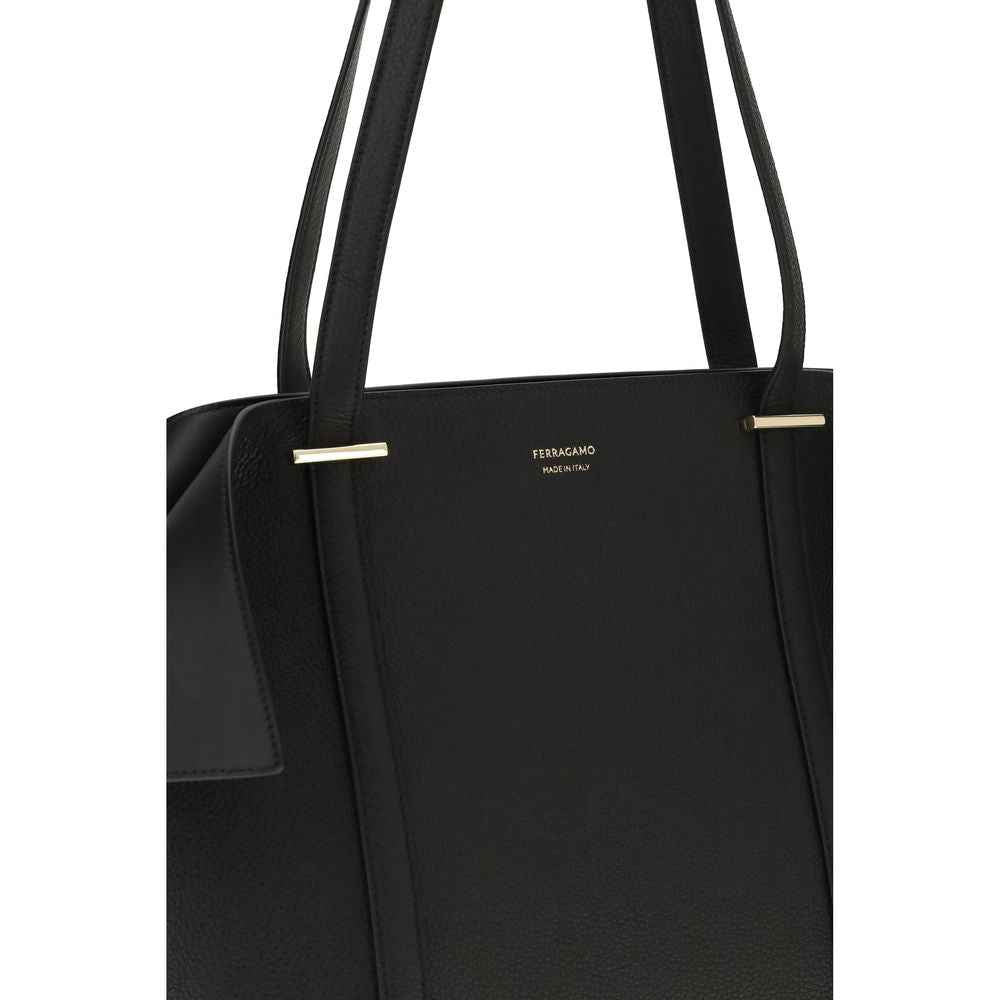 Ferragamo Black Soft Folded Tote – Fluid Calfskin, black, front view