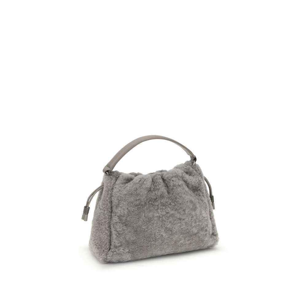 Brunello Cucinelli Small Mellow Bag, gray fur shoulder bag, front view