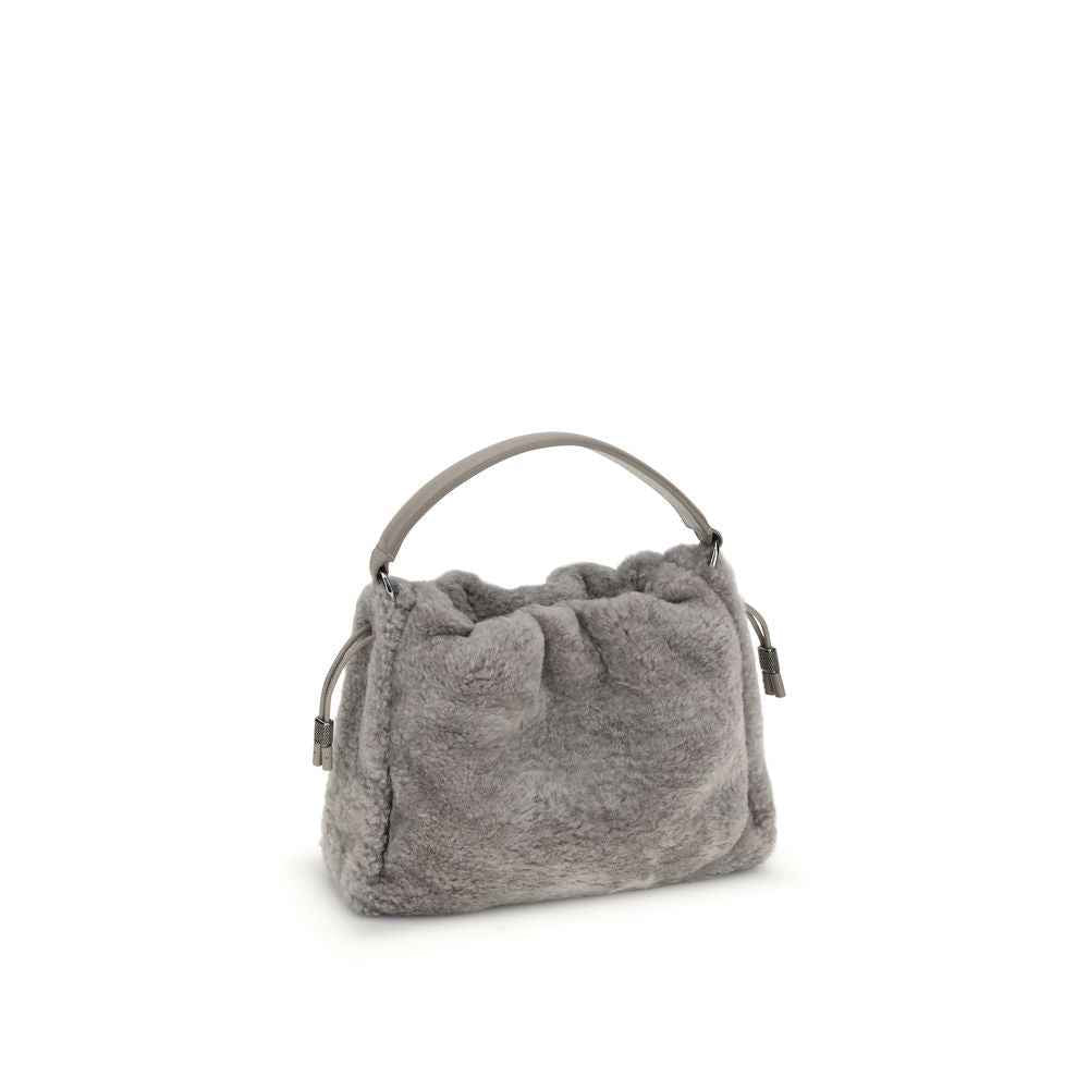 Brunello Cucinelli Small Mellow Bag gray fur shoulder bag, top handle, front view