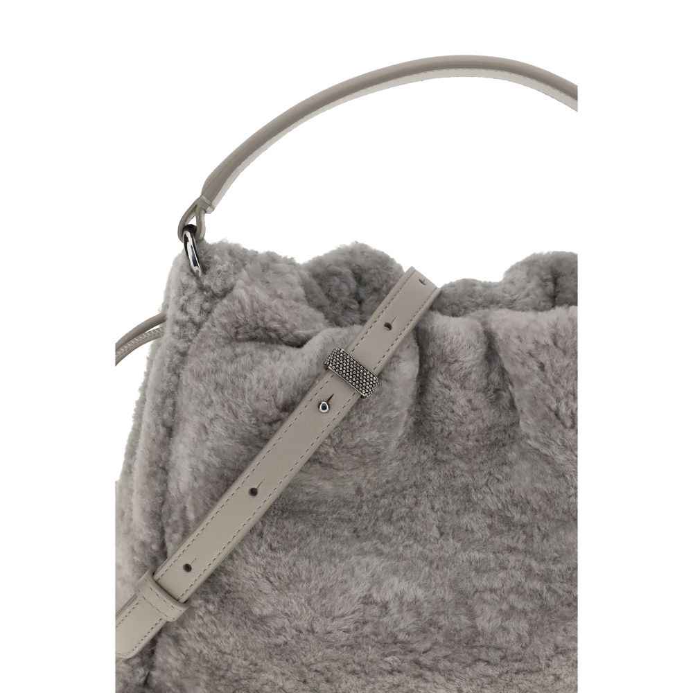 Brunello Cucinelli Small Mellow Bag gray fur shoulder bag side view