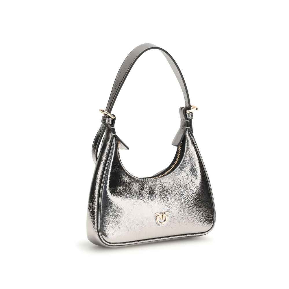 PINKO Baby Miss Pinko metallic silver leather shoulder bag, crescent shape, three-quarter front view