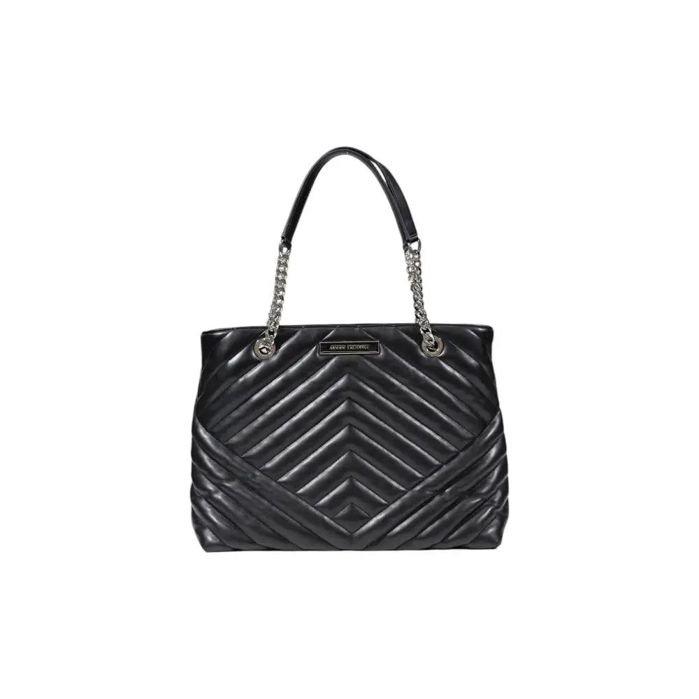 Armani Exchange Black Large Chevron Quilted Faux Leather Shopping Bag with Chain Straps front view