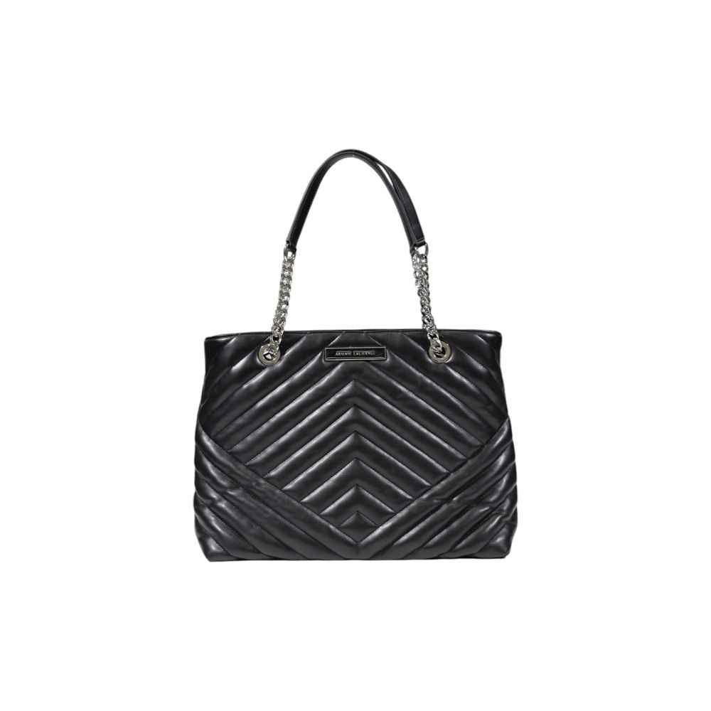 Armani Exchange Black Large Chevron Shopping Bag, quilted tote with chain handles, front view