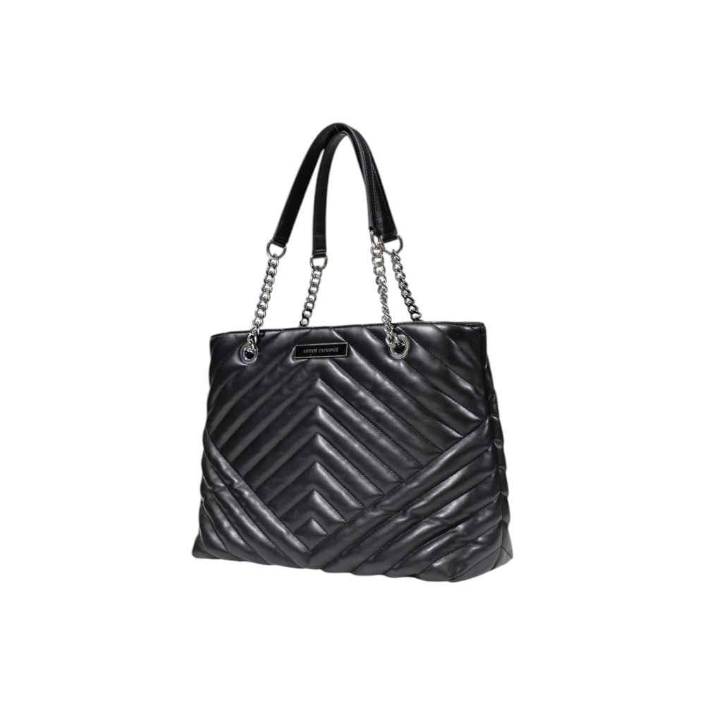 Armani Exchange Black Large Chevron Shopping Bag, quilted with chain straps, front view