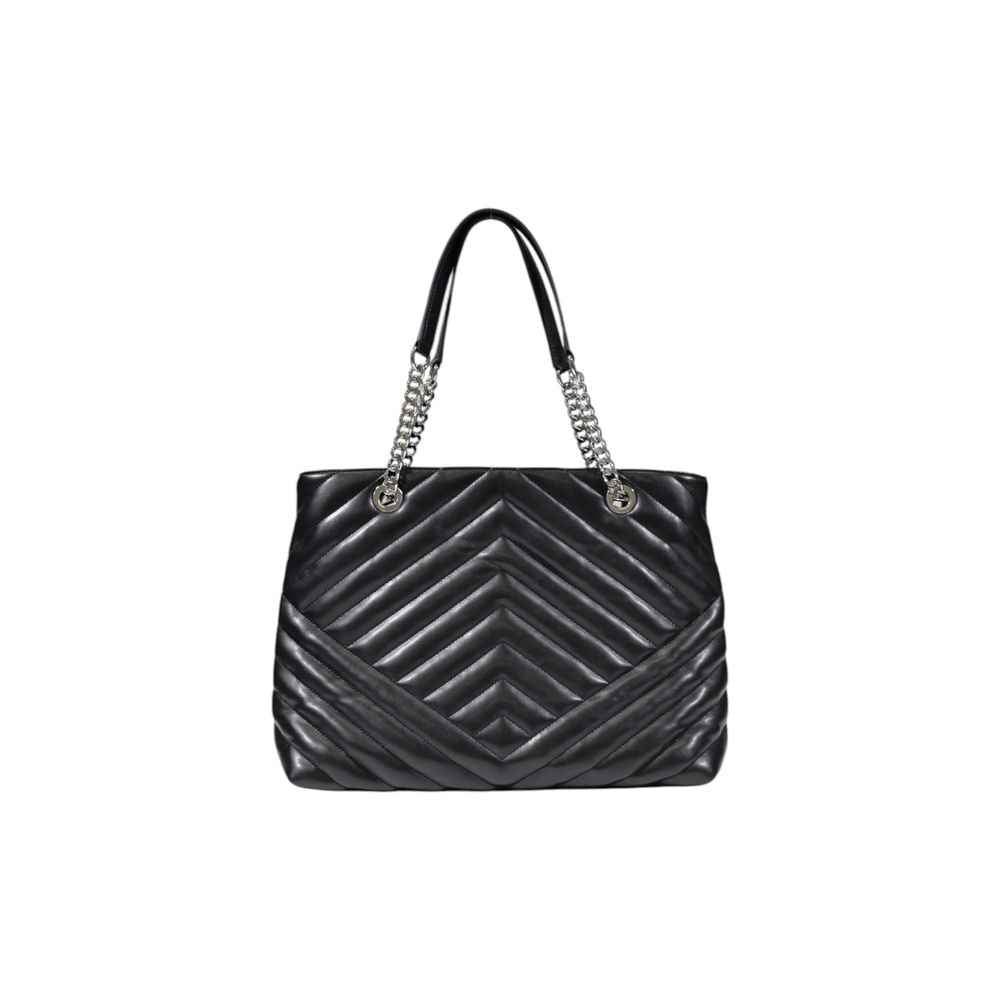 Armani Exchange Large Chevron Shopping Bag, black faux leather tote with chain straps, front view