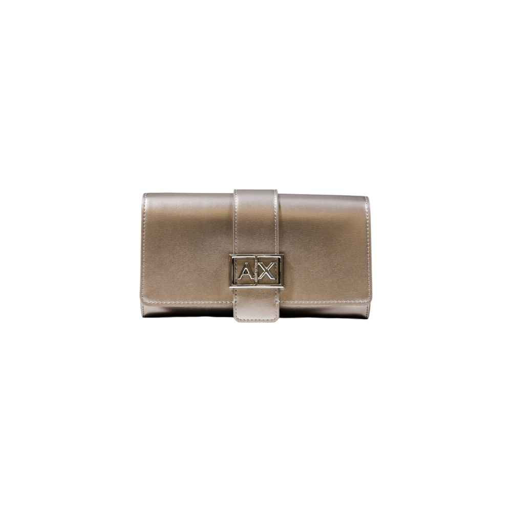 Armani Exchange Small Evening Bag gray metallic leather clutch with AX buckle, front view.