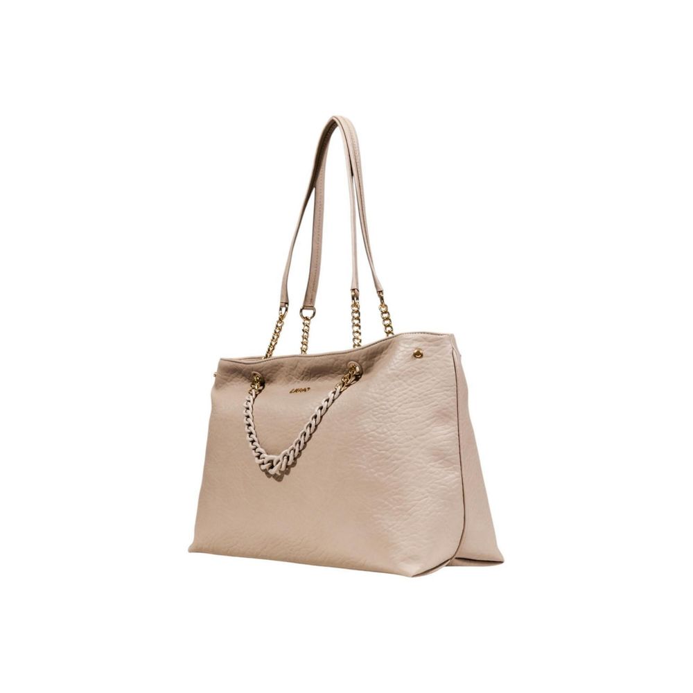 Liu Jo M Tote beige pebbled leather tote bag, gold chain straps, front logo detail, three-quarter view