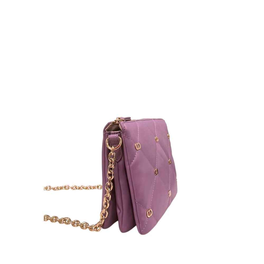 Twinset purple faux leather crossbody bag with gold chain strap, quilted panel, side view