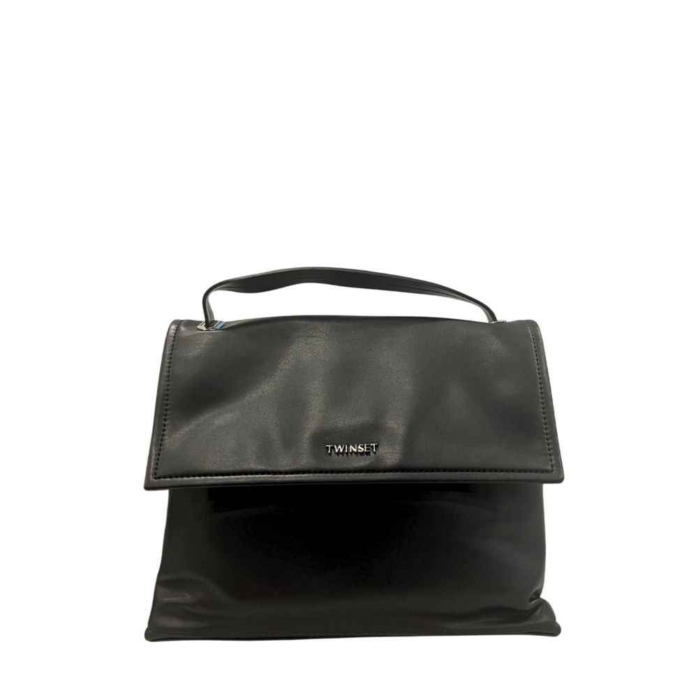 Twinset black PU handbag with top-handle and fold-over flap front view