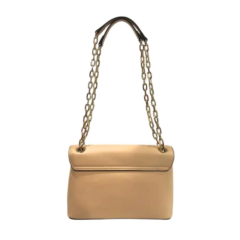 Twinset beige leather crossbody bag with gold chain strap, front view.