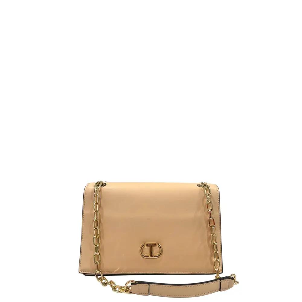 Twinset Beige Crossbody Bag, beige leather, gold chain strap, front view