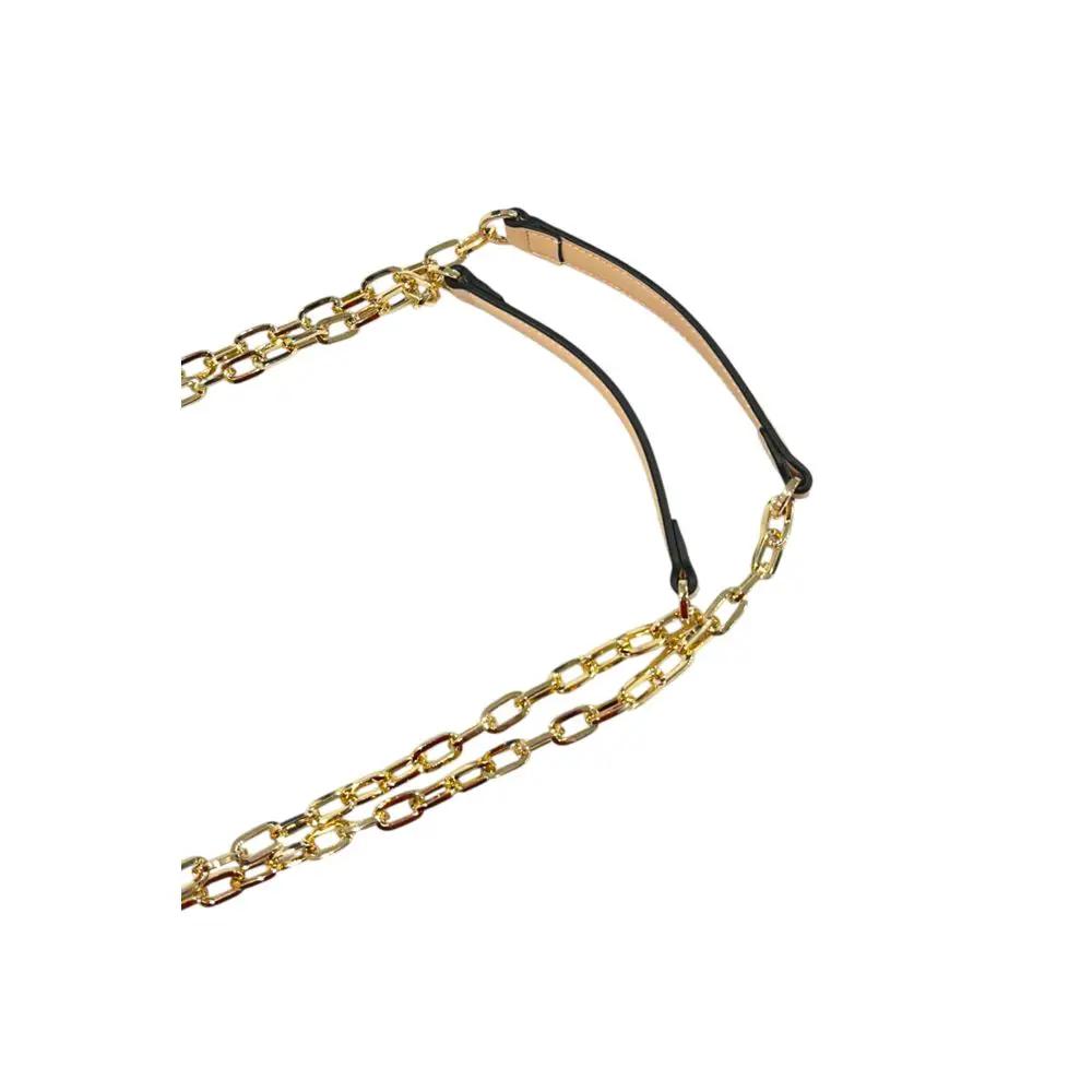 Twinset beige crossbody bag with gold-tone chain strap and black leather trim, strap detail