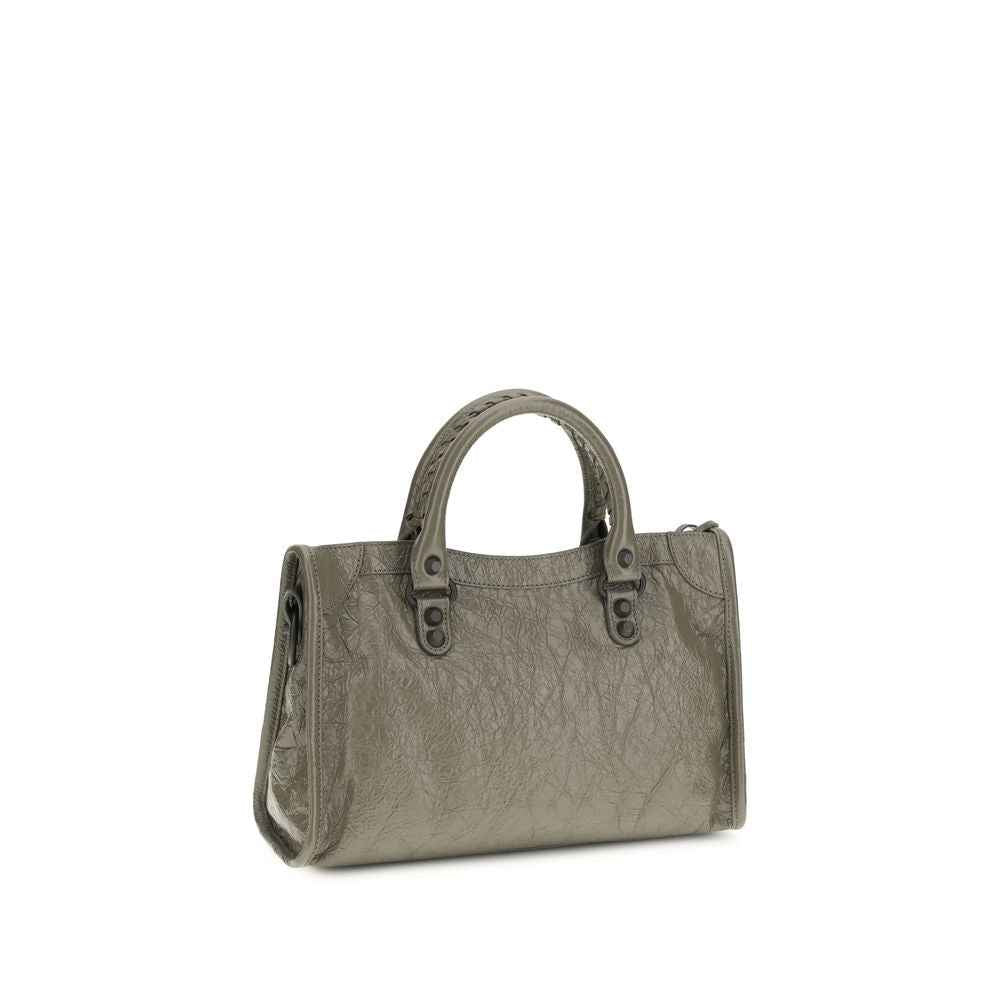 Balenciaga Le City Small gray crinkled leather satchel bag, top-handle, three-quarter front view