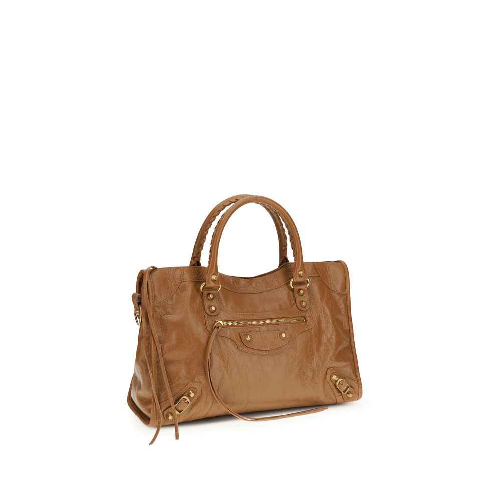 Balenciaga Le City Medium brown leather satchel with top handles, front pocket, three-quarter view