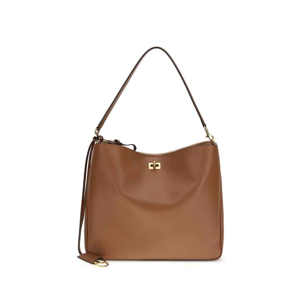 Balenciaga Small Rodeo shoulder bag, brown leather with gold hardware, front view.